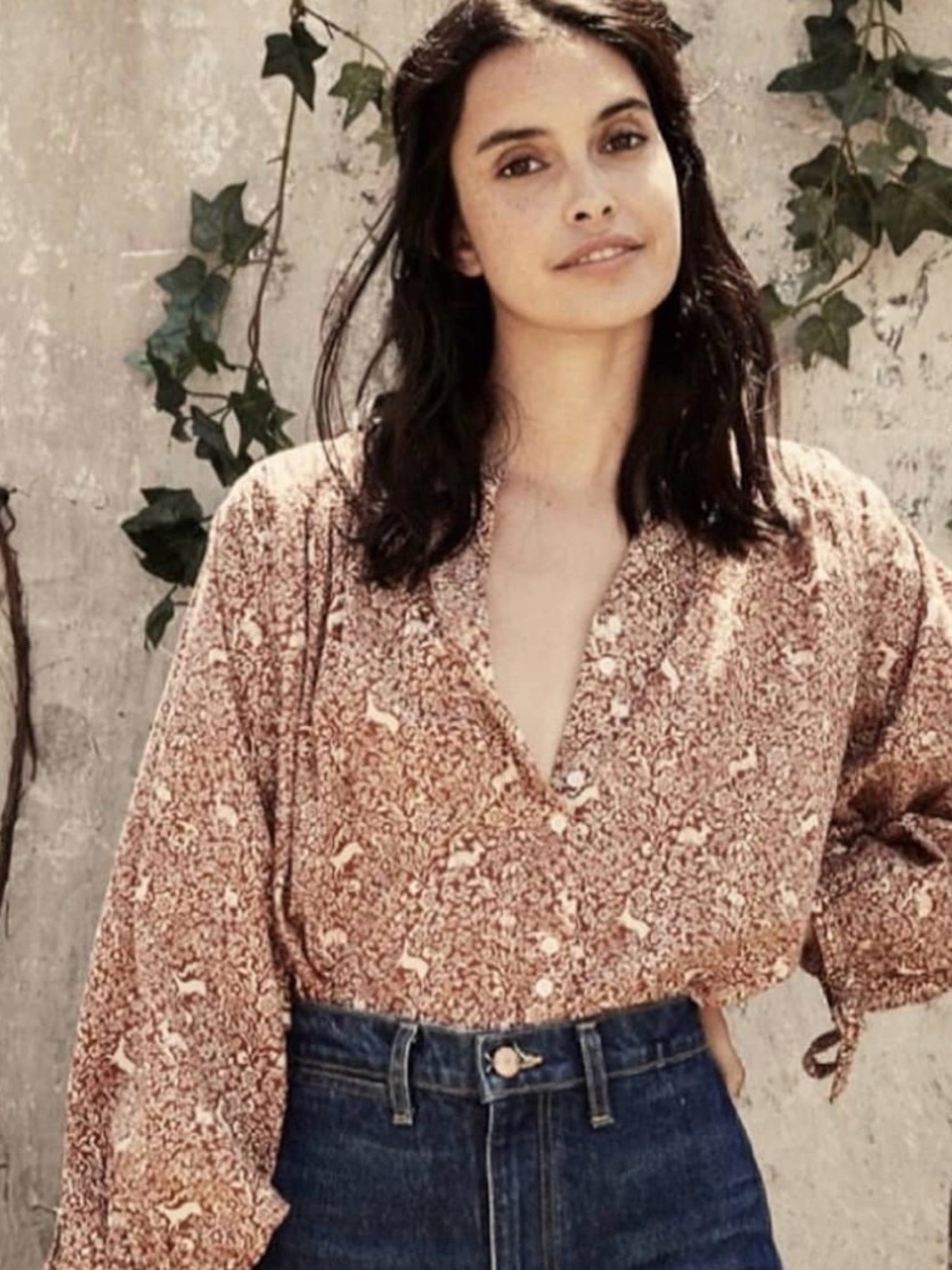 Doen O’Keefe prancing fawn s Rust Floral Button Front Blouse